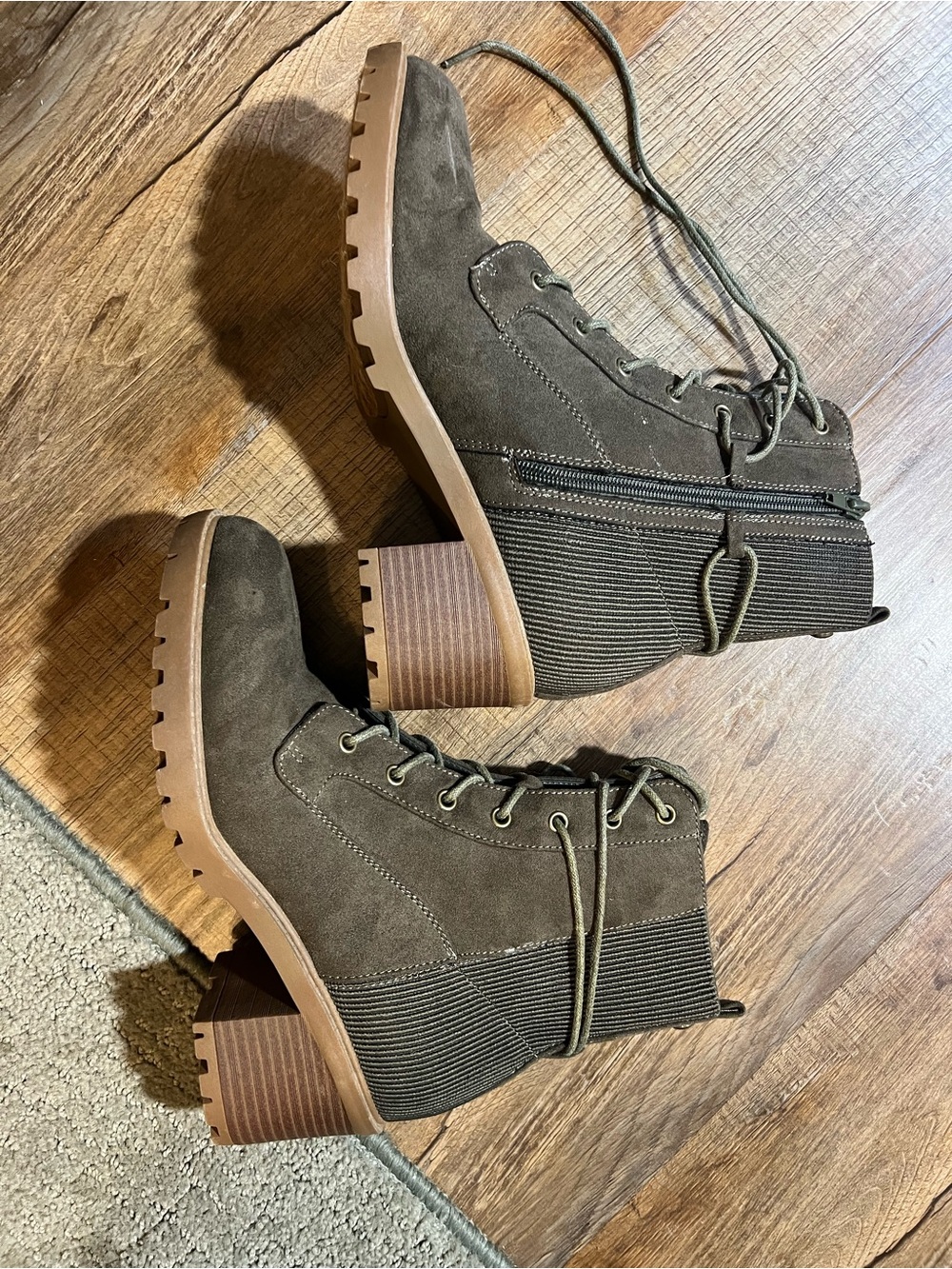 True Craft Olive Brown Lace-Up Chunky Heel Ankle Boots